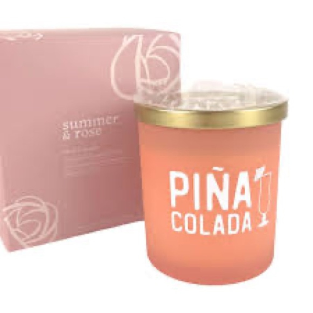 Summer & Rose Soy Blend Candle Piña Colada Scent Peach Salmon Glass Gold Lid New
